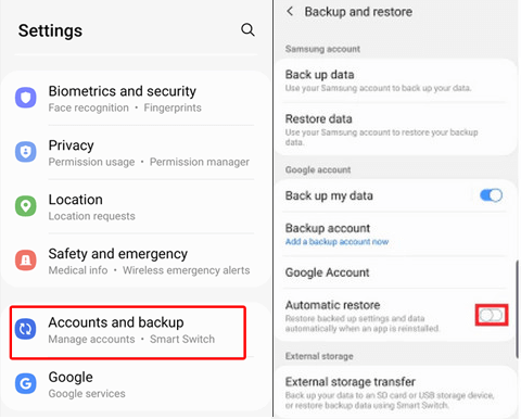restore Samsung data using Google Account